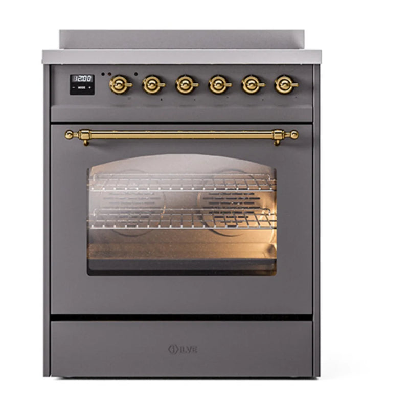 ILVE Nostalgie II 30" Induction Freestanding Range in Graphite Matte with Brass Trim, UPI304NMPMGG