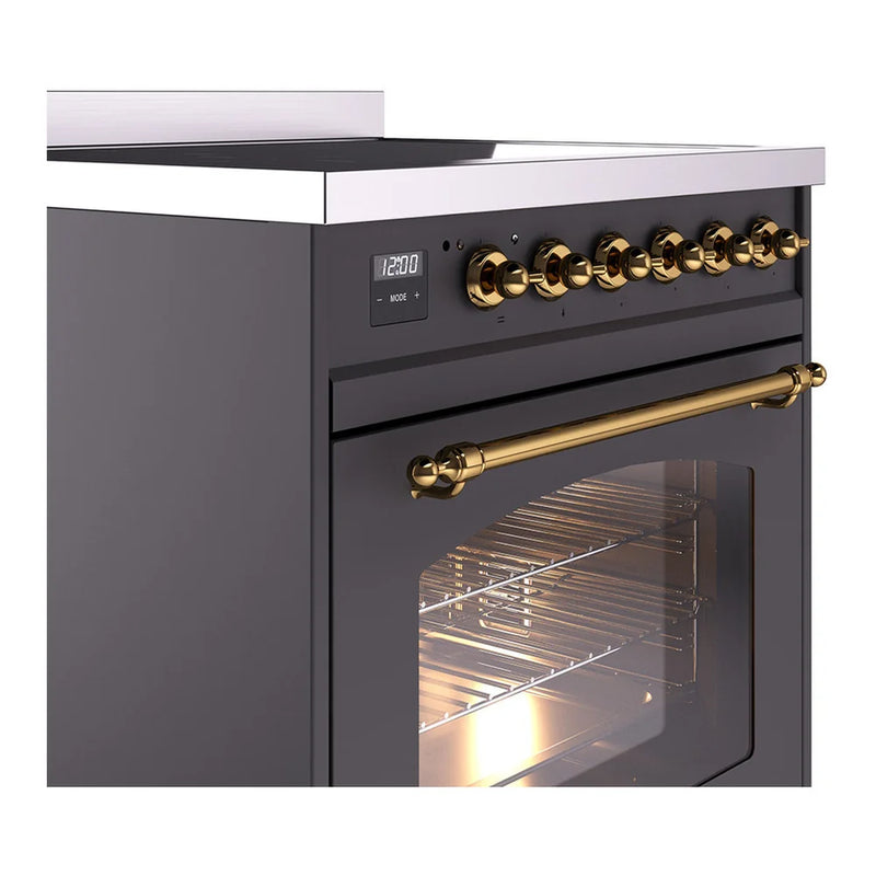 ILVE Nostalgie II 30" Induction Freestanding Range in Graphite Matte with Brass Trim, UPI304NMPMGG