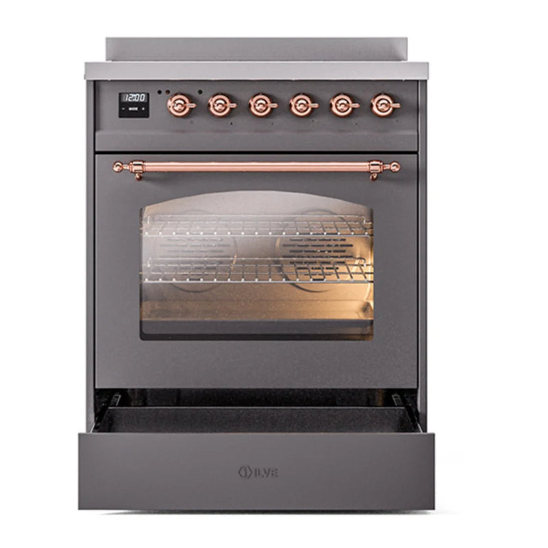 ILVE Nostalgie II 30" Induction Freestanding Range in Graphite Matte with Copper Trim, UPI304NMPMGP