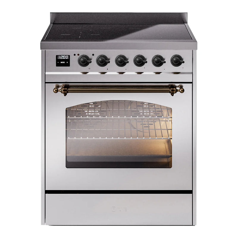 ILVE Nostalgie II 30" Induction Freestanding Range in Stainless Steel with Burnished Trim, UPI304NMPSSB