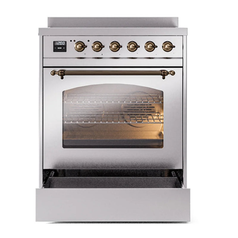 ILVE Nostalgie II 30" Induction Freestanding Range in Stainless Steel with Burnished Trim, UPI304NMPSSB