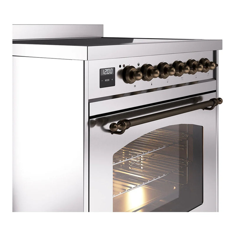 ILVE Nostalgie II 30" Induction Freestanding Range in Stainless Steel with Burnished Trim, UPI304NMPSSB
