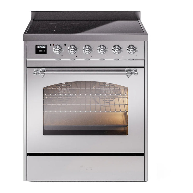 ILVE Nostalgie II 30" Induction Freestanding Range in Stainless Steel with Chrome Trim, UPI304NMPSSC