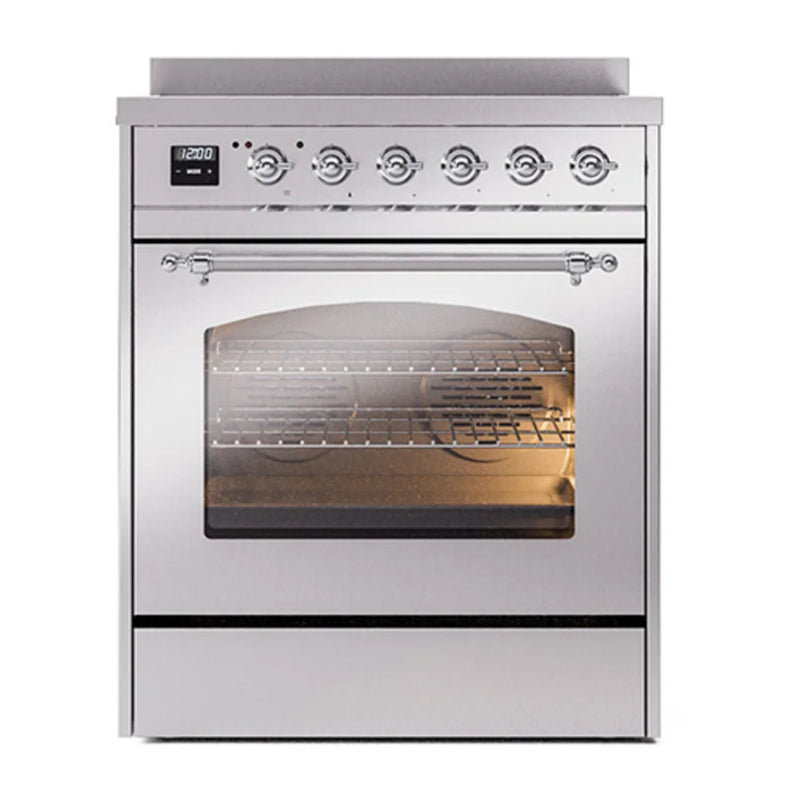 ILVE Nostalgie II 30" Induction Freestanding Range in Stainless Steel with Chrome Trim, UPI304NMPSSC