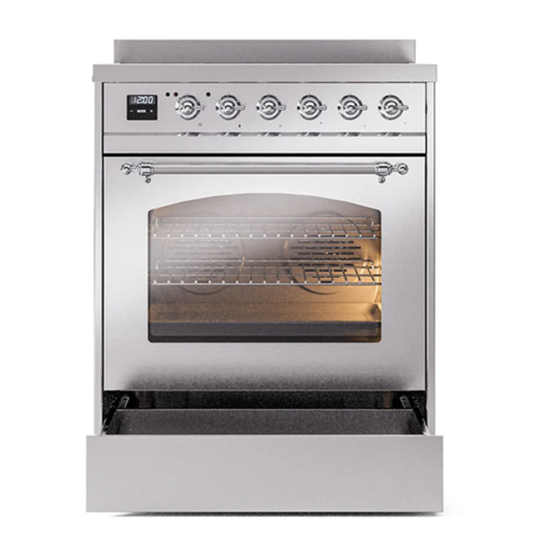ILVE Nostalgie II 30" Induction Freestanding Range in Stainless Steel with Chrome Trim, UPI304NMPSSC
