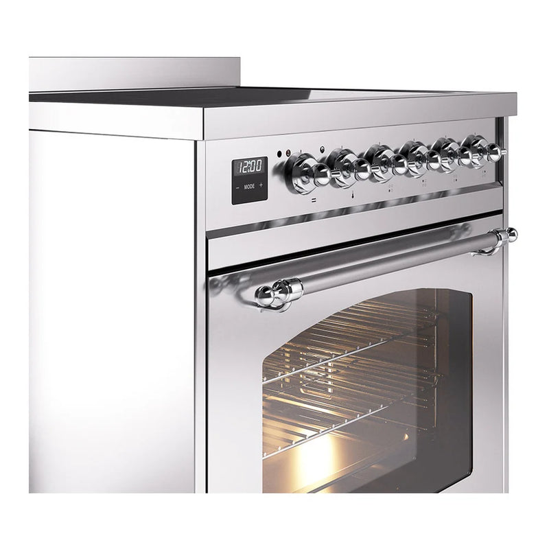 ILVE Nostalgie II 30" Induction Freestanding Range in Stainless Steel with Chrome Trim, UPI304NMPSSC