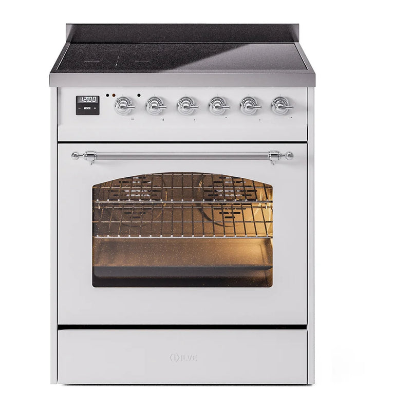 ILVE Nostalgie II 30" Induction Freestanding Range in White with Chrome Trim, UPI304NMPWHC