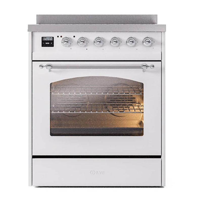 ILVE Nostalgie II 30" Induction Freestanding Range in White with Chrome Trim, UPI304NMPWHC