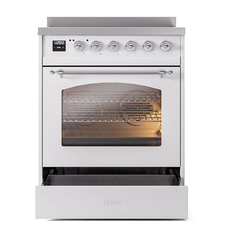 ILVE Nostalgie II 30" Induction Freestanding Range in White with Chrome Trim, UPI304NMPWHC