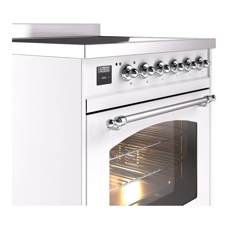 ILVE Nostalgie II 30" Induction Freestanding Range in White with Chrome Trim, UPI304NMPWHC