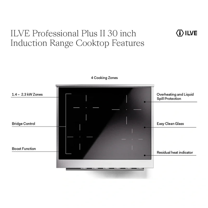 ILVE Professional Plus II 30" Induction Freestanding Range in Glossy Black with Stainless Steel Trim, UPI304QMPBK