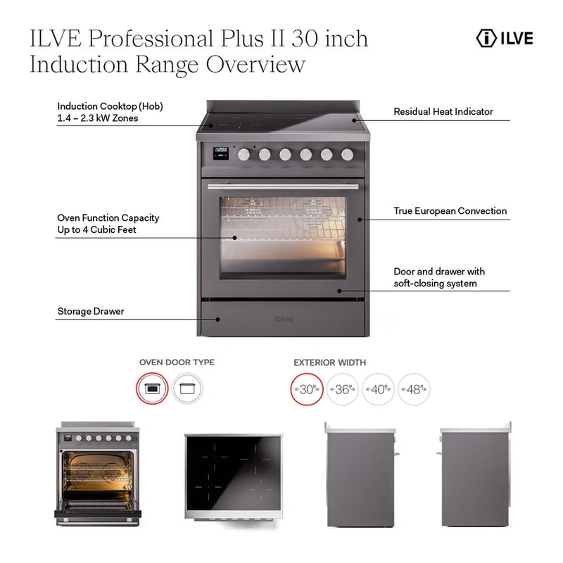 ILVE Professional Plus II 30" Induction Freestanding Range in Graphite Matte with Stainless Steel Trim, UPI304QMPMG