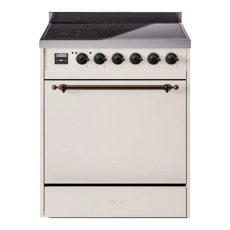 ILVE Nostalgie II 30" Induction Freestanding Range in Antique White with Burnished Trim, UPI304QNMPAWB
