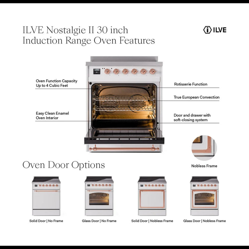 ILVE Nostalgie II 30" Induction Freestanding Range in Antique White with Chrome Trim, UPI304QNMPAWC