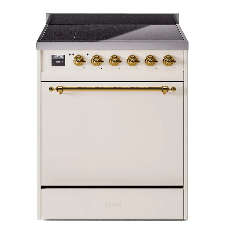 ILVE Nostalgie II 30" Induction Freestanding Range in Antique White with Brass Trim, UPI304QNMPAWG