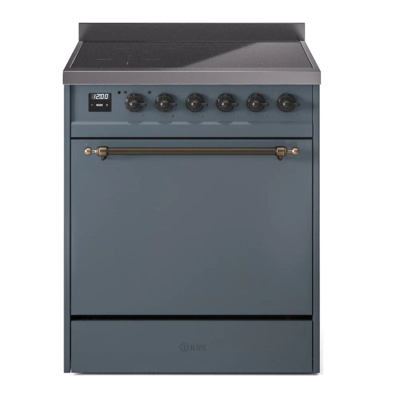 ILVE Nostalgie II 30" Induction Freestanding Range in Blue Grey with Burnished Trim, UPI304QNMPBGB