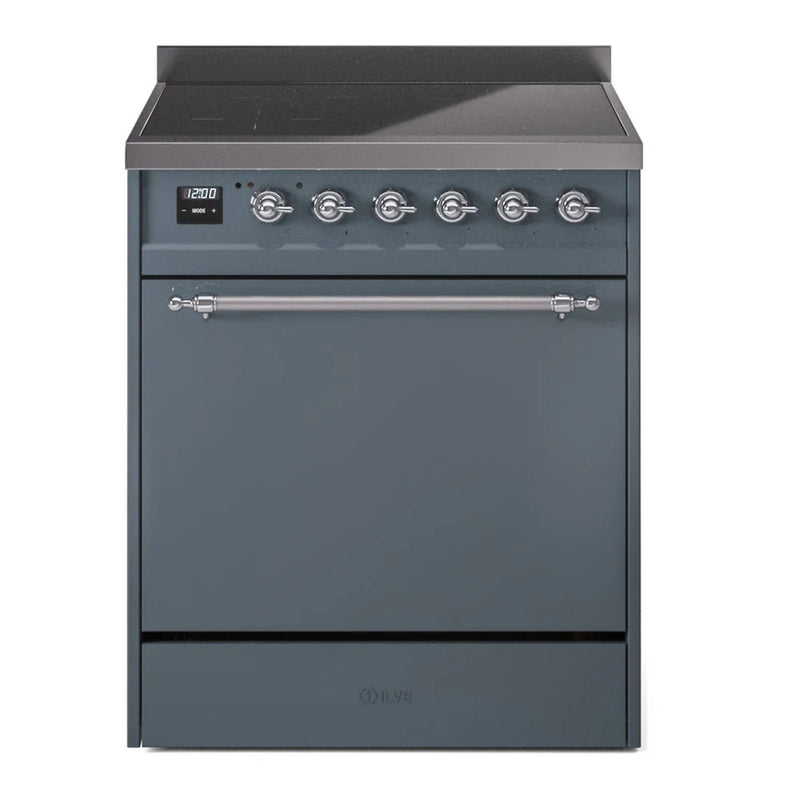 ILVE Nostalgie II 30" Induction Freestanding Range in Blue Grey with Chrome Trim, UPI304QNMPBGC