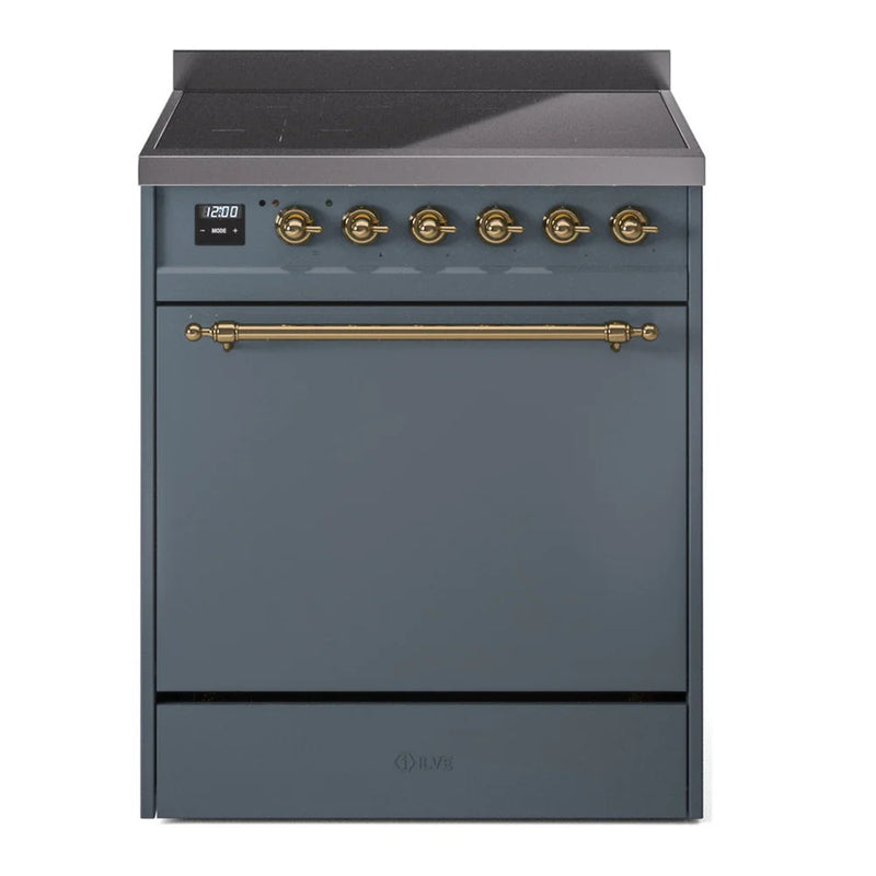 ILVE Nostalgie II 30" Induction Freestanding Range in Blue Grey with Brass Trim, UPI304QNMPBGG