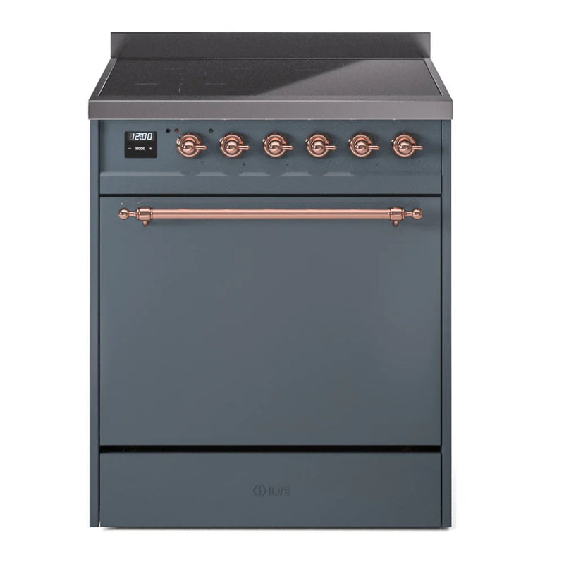 ILVE Nostalgie II 30" Induction Freestanding Range in Blue Grey with Copper Trim, UPI304QNMPBGP