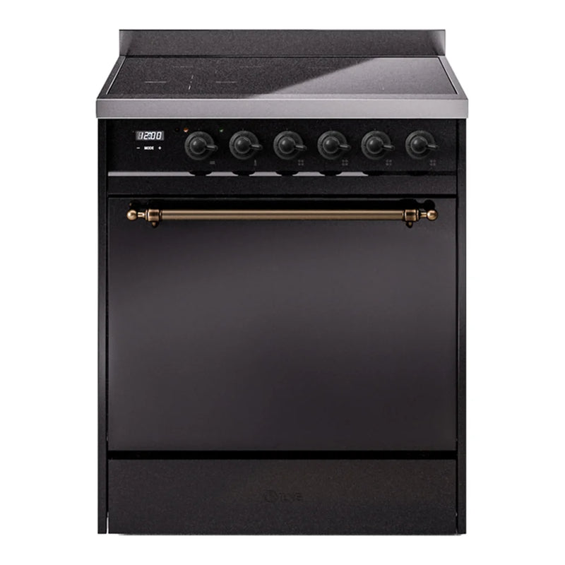 ILVE Nostalgie II 30" Induction Freestanding Range in Glossy Black with Burnished Trim, UPI304QNMPBKB