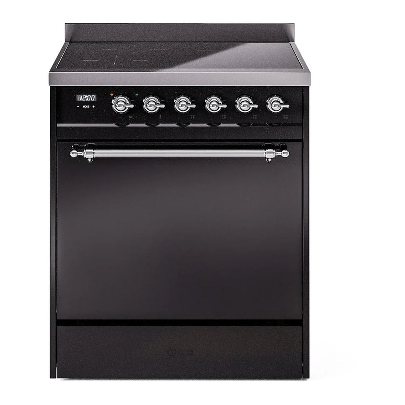 ILVE Nostalgie II 30" Induction Freestanding Range in Glossy Black with Chrome Trim, UPI304QNMPBKC