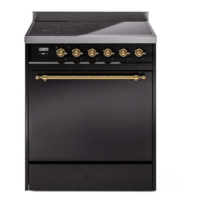 ILVE Nostalgie II 30" Induction Freestanding Range in Glossy Black with Brass Trim, UPI304QNMPBKG