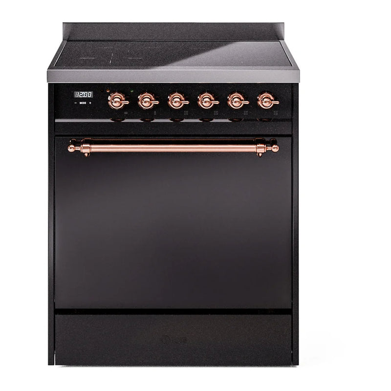ILVE Nostalgie II 30" Induction Freestanding Range in Glossy Black with Copper Trim, UPI304QNMPBKP