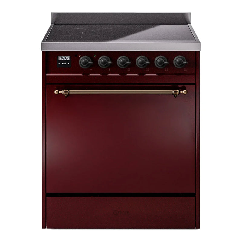 ILVE Nostalgie II 30" Induction Freestanding Range in Burgundy with Burnished Trim, UPI304QNMPBUB