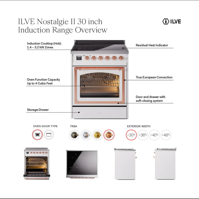 ILVE Nostalgie II 30" Induction Freestanding Range in Burgundy with Burnished Trim, UPI304QNMPBUB