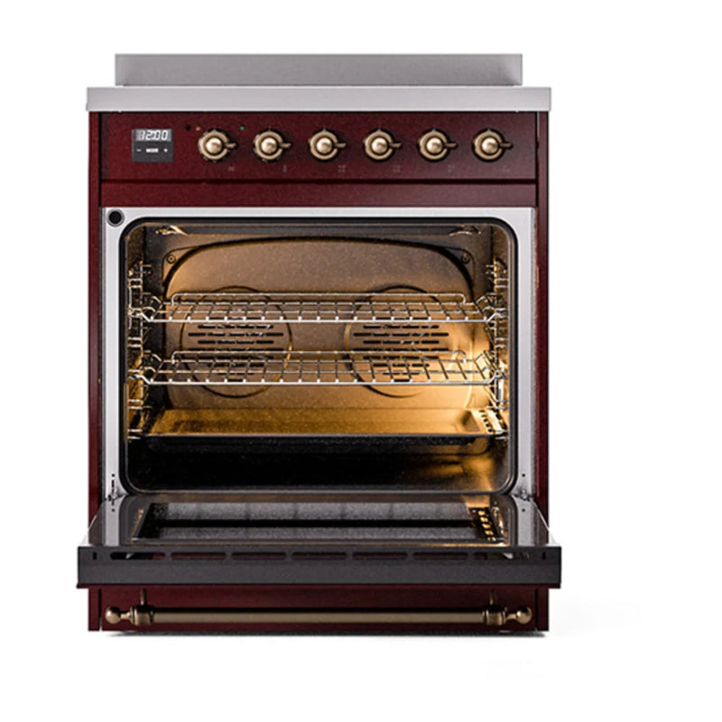 ILVE Nostalgie II 30" Induction Freestanding Range in Burgundy with Burnished Trim, UPI304QNMPBUB
