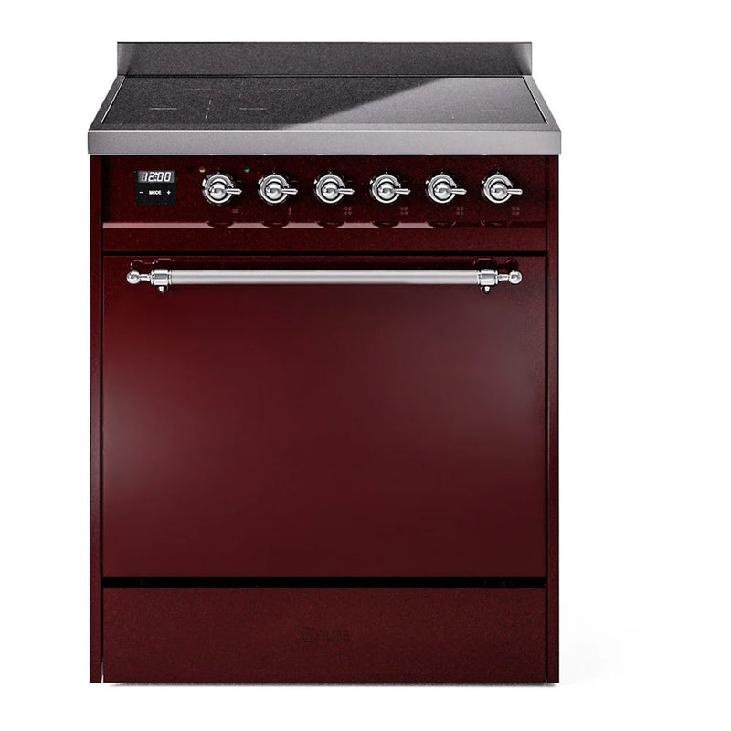 ILVE Nostalgie II 30" Induction Freestanding Range in Burgundy with Chrome Trim, UPI304QNMPBUC