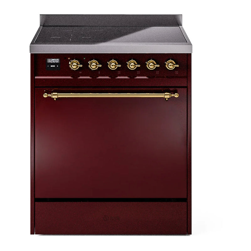 ILVE Nostalgie II 30" Induction Freestanding Range in Burgundy with Brass Trim, UPI304QNMPBUG
