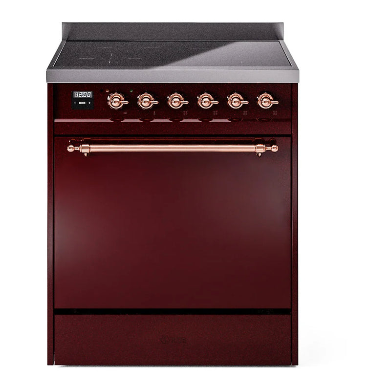 ILVE Nostalgie II 30" Induction Freestanding Range in Burgundy with Copper Trim, UPI304QNMPBUP