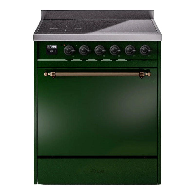 ILVE Nostalgie II 30" Induction Freestanding Range in Emerald Green with Burnished Trim, UPI304QNMPEGB