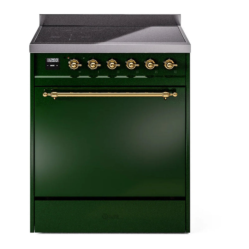 ILVE Nostalgie II 30" Induction Freestanding Range in Emerald Green with Brass Trim, UPI304QNMPEGG