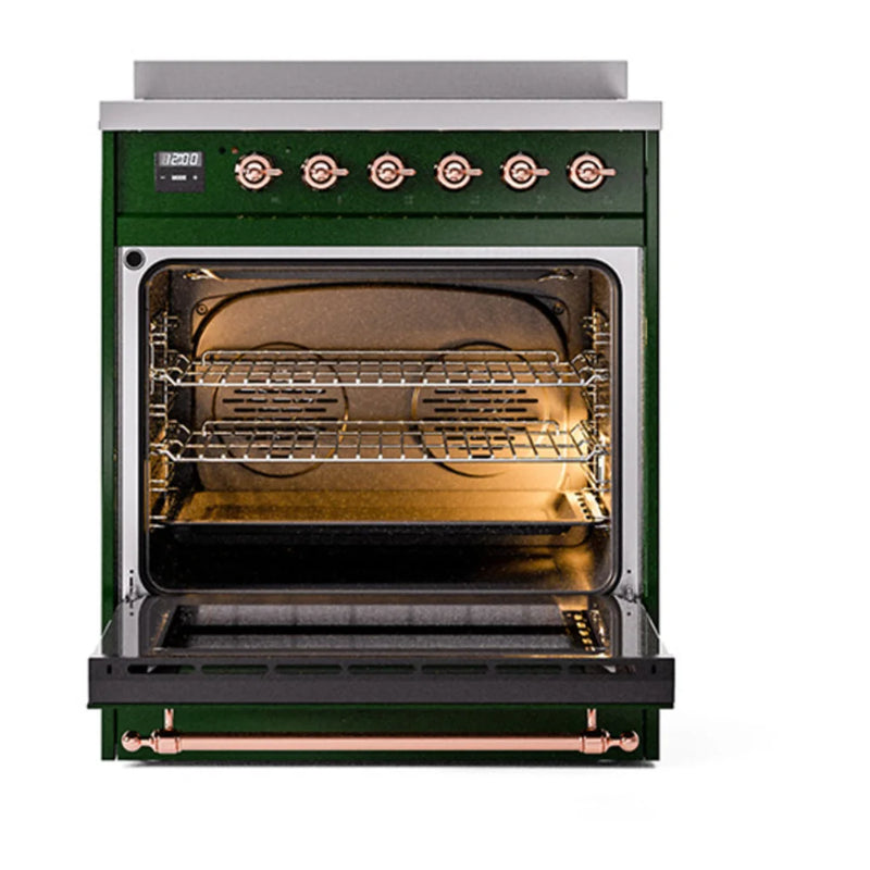 ILVE Nostalgie II 30" Induction Freestanding Range in Emerald Green with Copper Trim, UPI304QNMPEGP