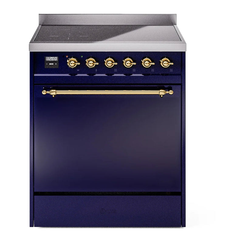 ILVE Nostalgie II 30" Induction Freestanding Range in Midnight Blue with Brass Trim, UPI304QNMPMBG