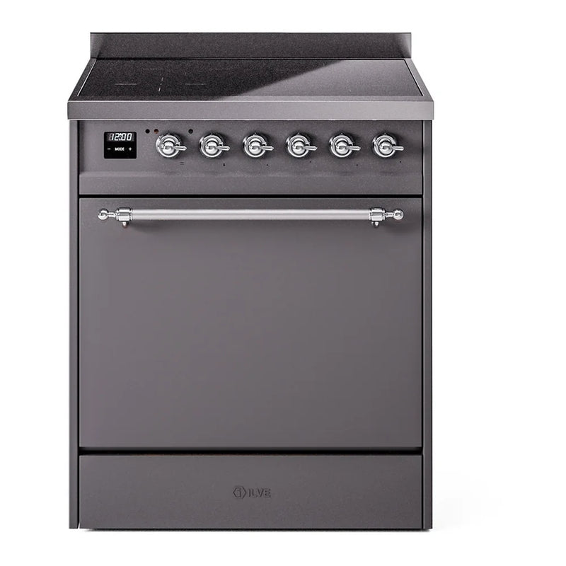 ILVE Nostalgie II 30" Induction Freestanding Range in Graphite Matte with Chrome Trim, UPI304QNMPMGC