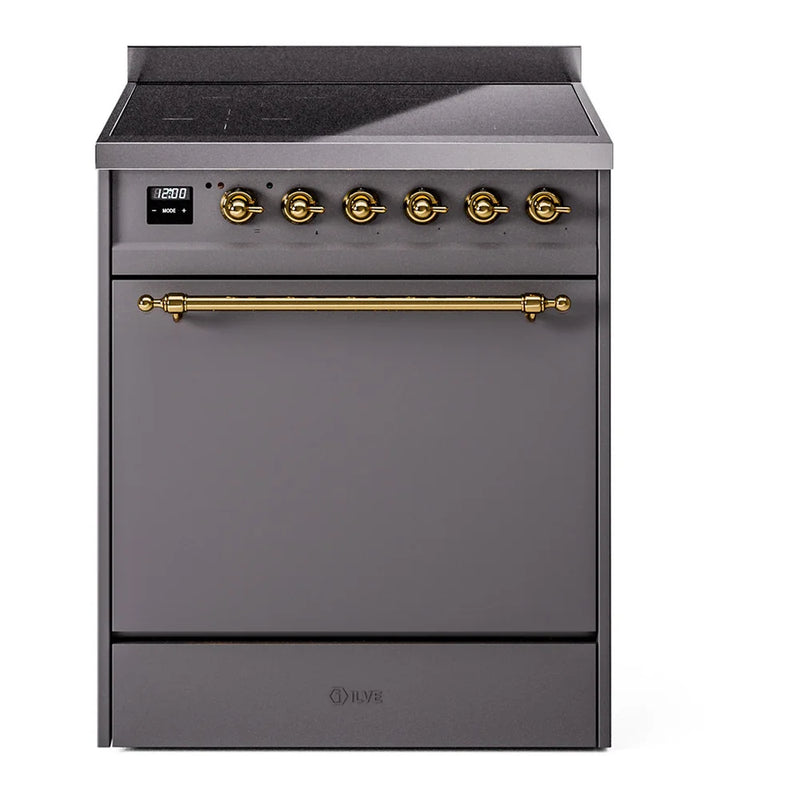 ILVE Nostalgie II 30" Induction Freestanding Range in Graphite Matte with Brass Trim, UPI304QNMPMGG