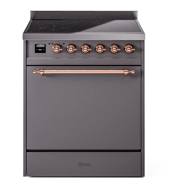ILVE Nostalgie II 30" Induction Freestanding Range in Graphite Matte with Copper Trim, UPI304QNMPMGP