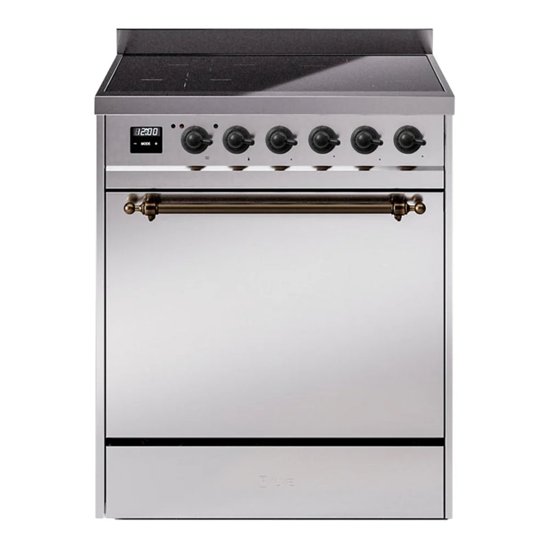 ILVE Nostalgie II 30" Induction Freestanding Range in Stainless Steel with Burnished Trim, UPI304QNMPSSB