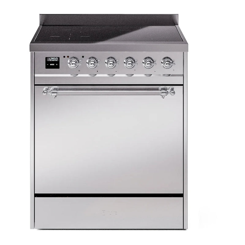 ILVE Nostalgie II 30" Induction Freestanding Range in Stainless Steel with Chrome Trim, UPI304QNMPSSC
