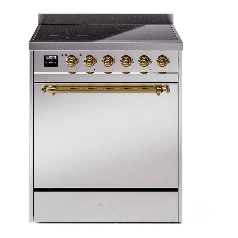 ILVE Nostalgie II 30" Induction Freestanding Range in Stainless Steel with Brass Trim, UPI304QNMPSSG