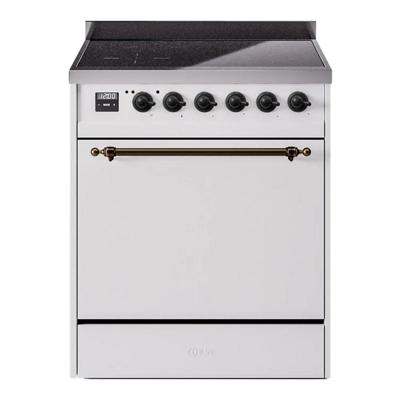 ILVE Nostalgie II 30" Induction Freestanding Range in White with Burnished Trim, UPI304QNMPWHB