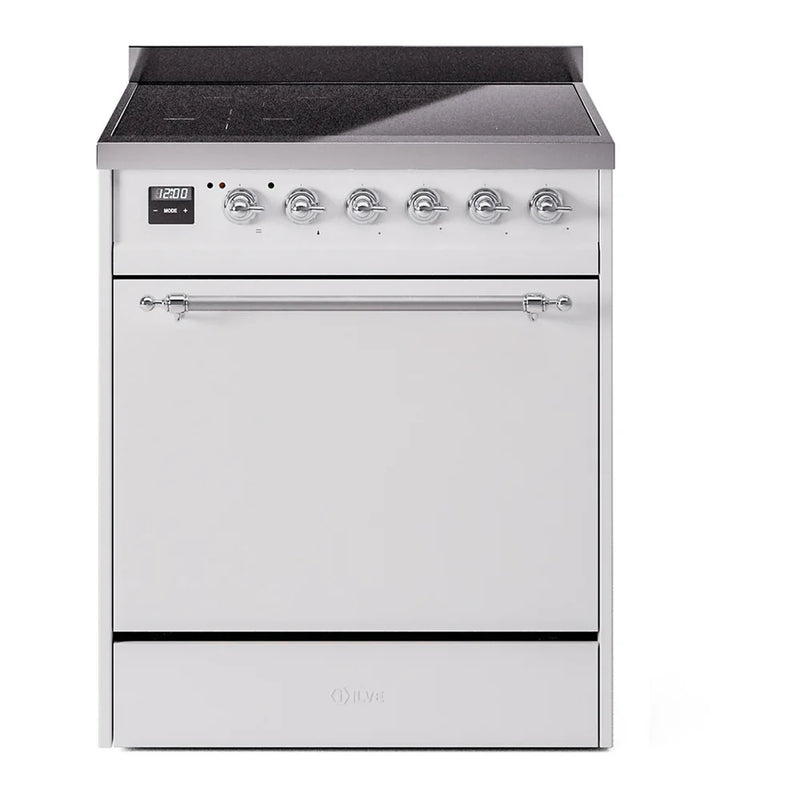 ILVE Nostalgie II 30" Induction Freestanding Range in White with Chrome Trim, UPI304QNMPWHC