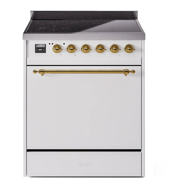 ILVE Nostalgie II 30" Induction Freestanding Range in White with Brass Trim, UPI304QNMPWHG