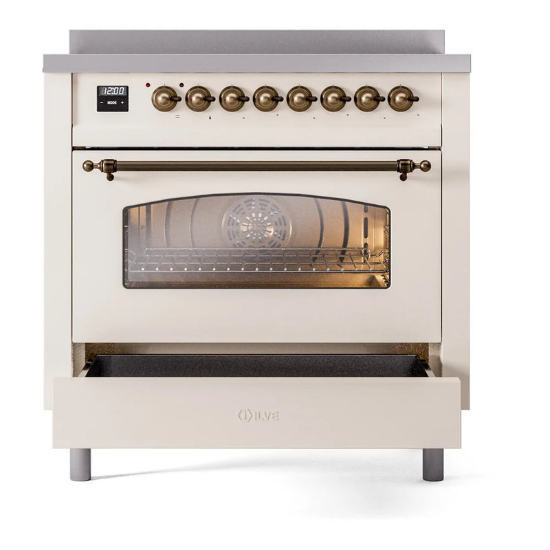 ILVE Nostalgie II 36" Induction Freestanding Range in Antique White with Burnished Trim, UPI366NMPAWB