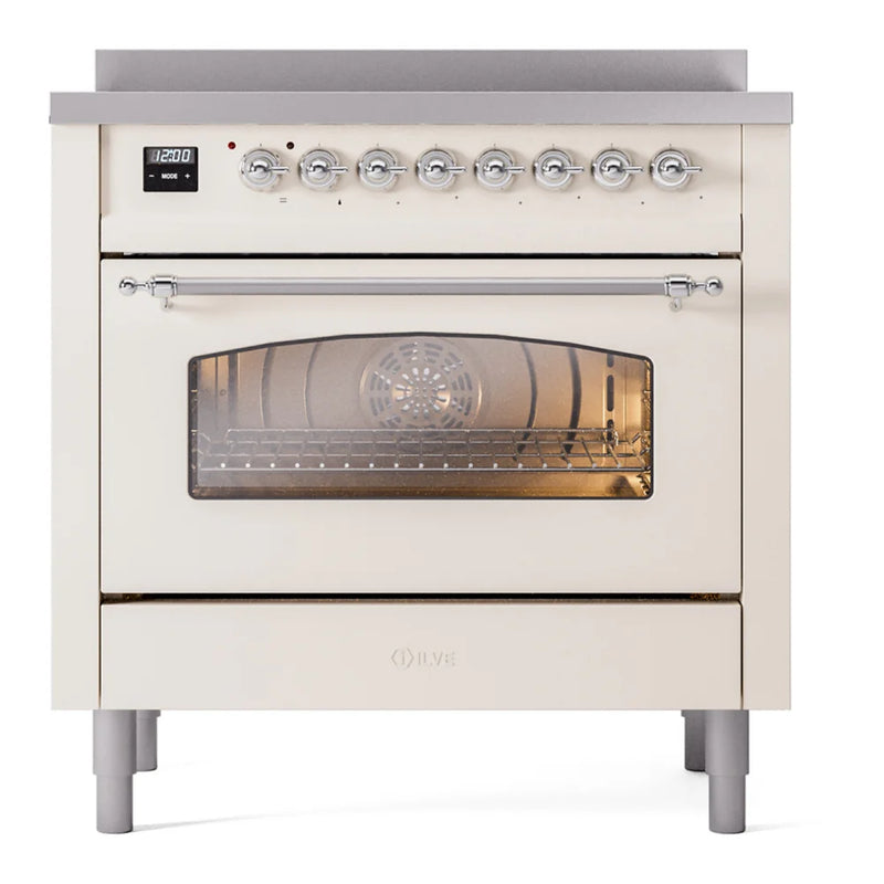 ILVE Nostalgie II 36" Induction Freestanding Range in Antique White with Chrome Trim, UPI366NMPAWC