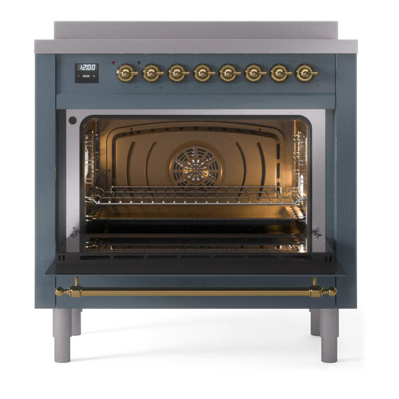 ILVE Nostalgie II 36" Induction Freestanding Range in Blue Grey with Brass Trim, UPI366NMPBGG
