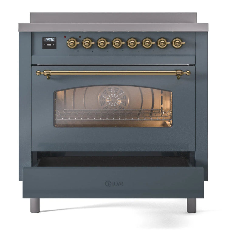 ILVE Nostalgie II 36" Induction Freestanding Range in Blue Grey with Brass Trim, UPI366NMPBGG